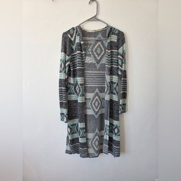 Aztec Tribal Print Hooded Open Front Cardigan Sweater Loose Knit Y2K 90s Gypsy S - Picture 5 of 8